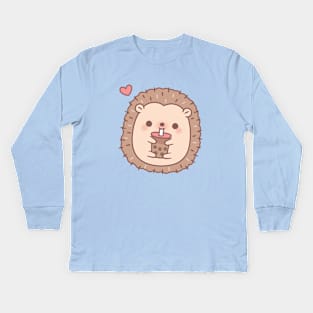 Cute Hedgehog Loves Drinking Bubble Tea Kids Long Sleeve T-Shirt